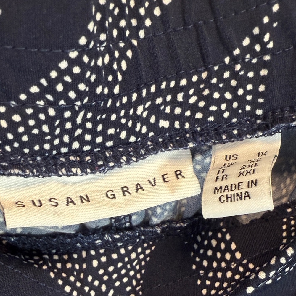 Susan Graver Navy and White Leaf Pattern Pull On Elastic Waist Genie Pants 1X - Picture 3 of 11